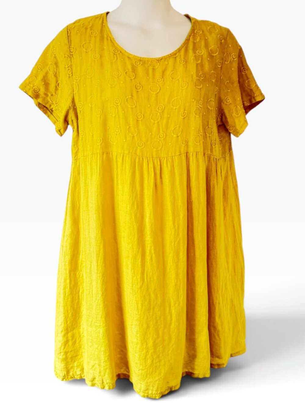 Terzo Millennio Linen Peasant Dress Embroidered Celestial Italy Yellow Midi XL
